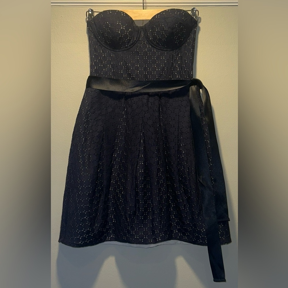 MNG SUIT Strapless Sweetheart Neckline Navy Blue Eyelet Embroidered A-Line Dress